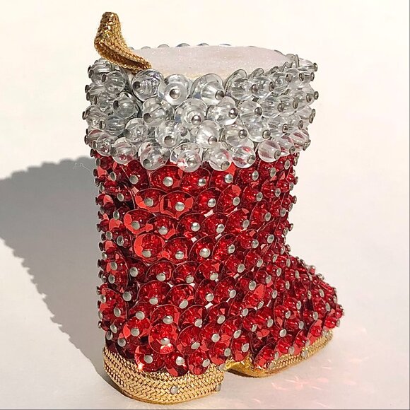 Vintage Push Pin Christmas Ornament Santa's Boot Handcrafted Red Sequins Beaded - Picture 7 of 14